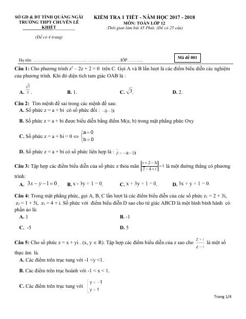 Đề kiểm tra 1 tiết Giải tích 12 chương 4 trường chuyên Lê Khiết – Quảng Ngãi (bản Word)